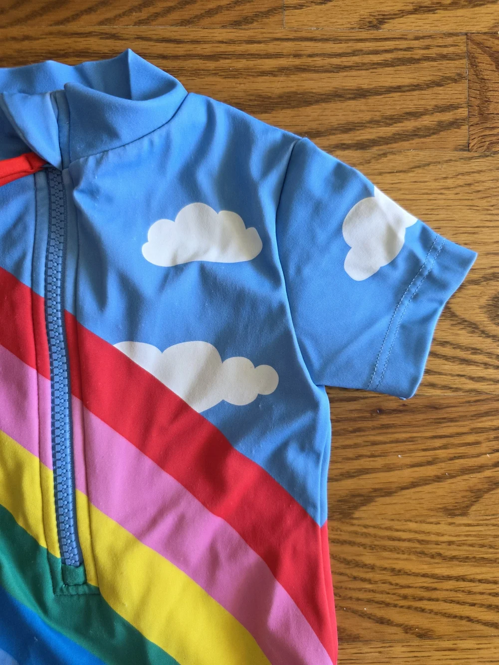 Boden Bright Blue Short-Sleeve One-Piece with Rainbow Stripes